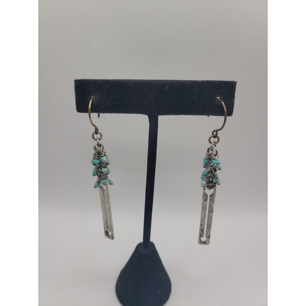 Vintage Southwestern Silver Tone Blue-Green Beaded Dangle Earrings Geometric Lon